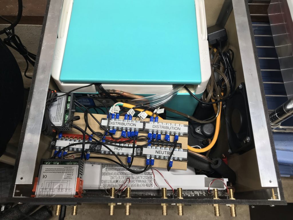 The terminal block wiring and modified power cords in the DIY glycol chiller