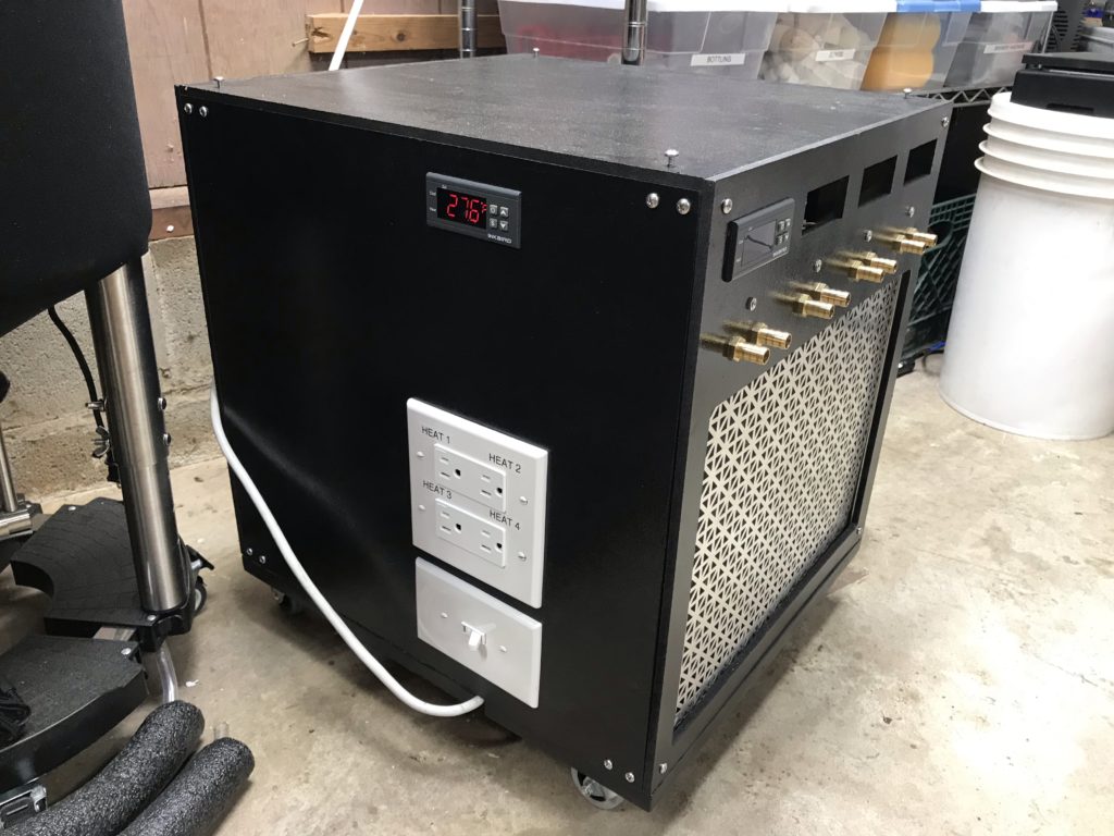 The side of the DIY glycol chiller, featuring the power switch, heating outlets, and glycol bath temperature control